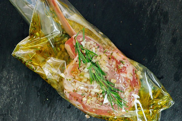 veal chop in sous vide bag with marinade