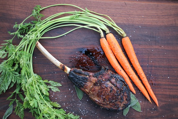 Caveman veal chop with carrots