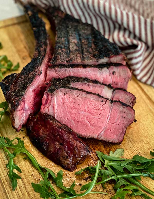 Reverse-seared steak sliced and ready to serve