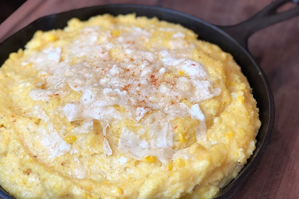 spicy sweet corn polenta in cast iron pan