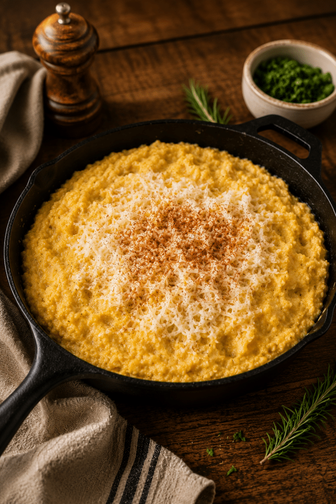 creamy corn polenta topped with parm in a cast iron pan