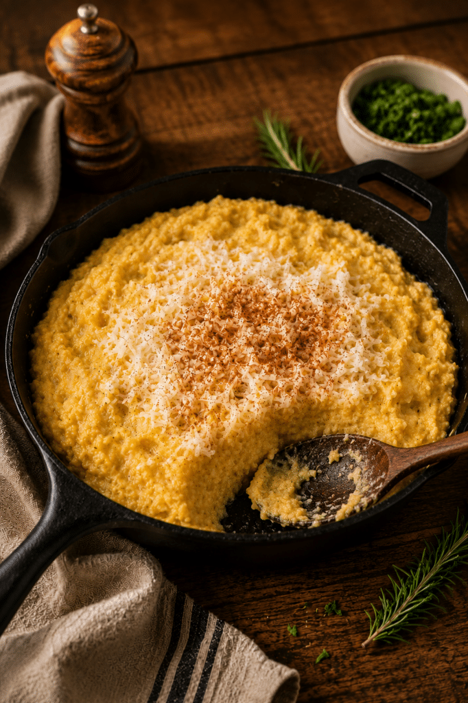 corn polenta in a cast iron pan with a wooden spoon