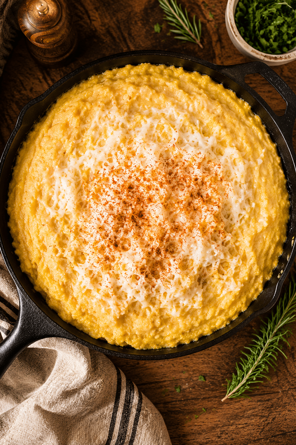 creamy corn polenta in a cast iron skillet
