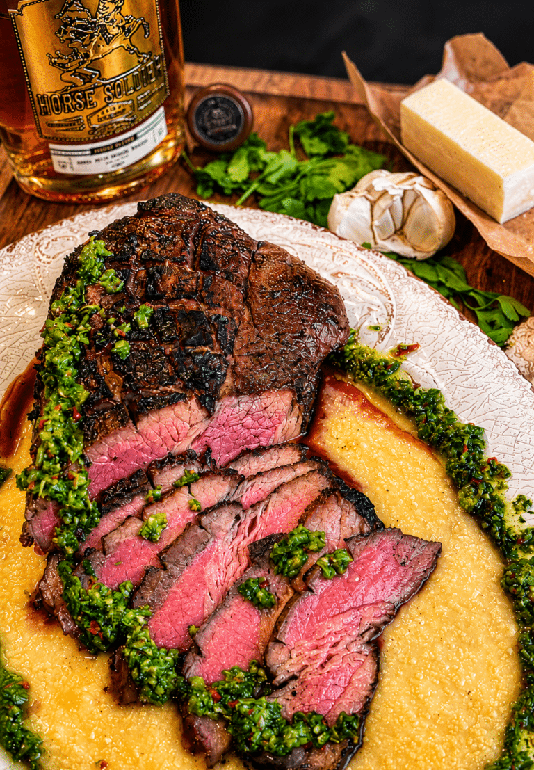 Grilled London broil, sliced and placed on a bed of creamy corn polenta