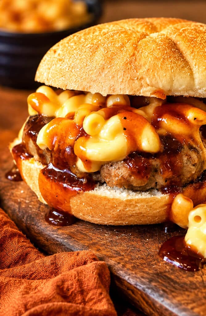 meatloaf burger with macaroni and cheese topping, drizzled with bbq sauce on a wood cutting board