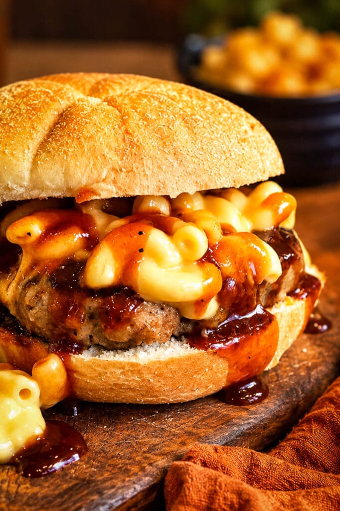 meatloaf burger topped with mac n cheese and bbq sauce on a wood cutting board