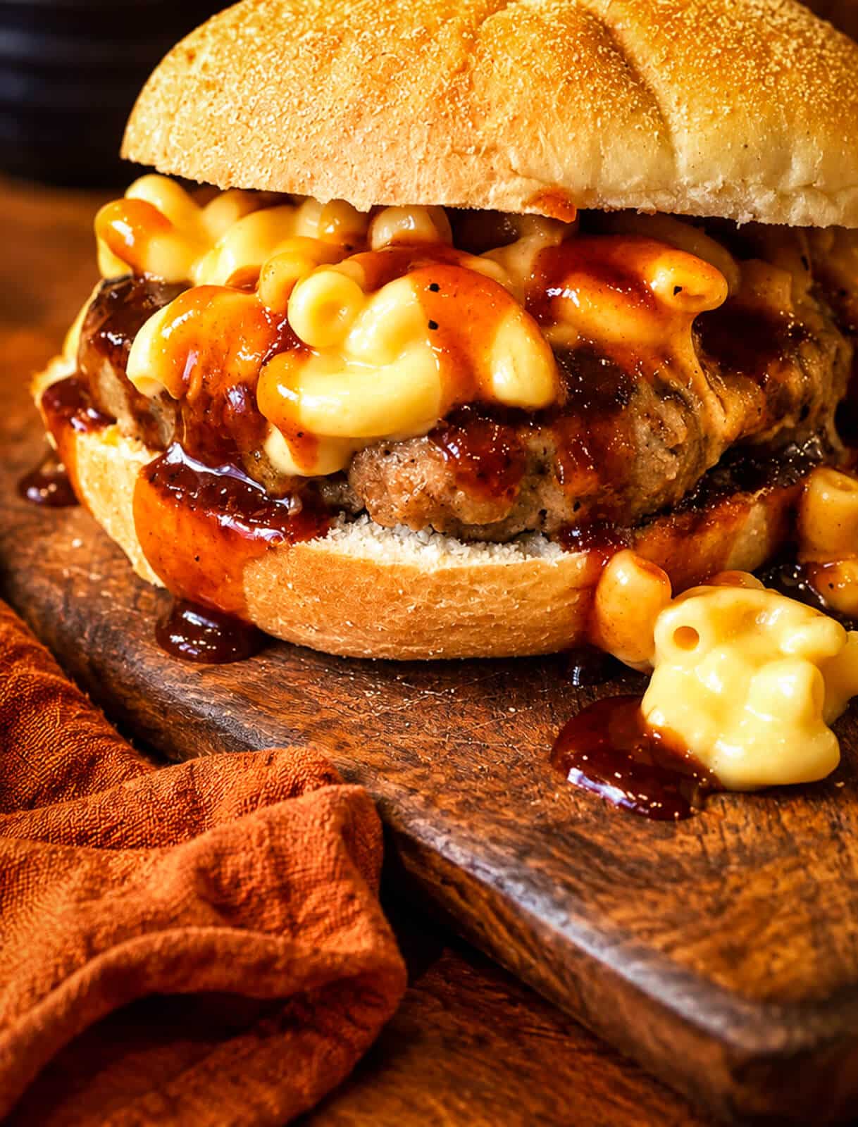 mac-n-cheese meatloaf burger drizzled with bbq sauce on a bun