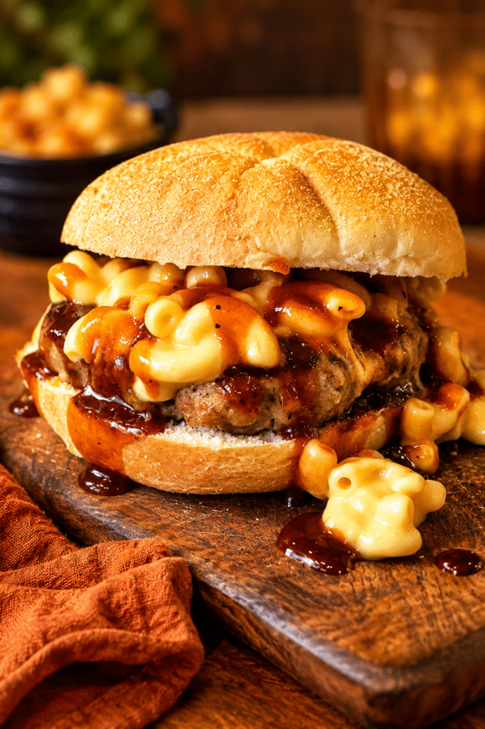 Mac N Cheese Meatloaf Burger on a wooden cutting board with drizzled BBQ sauce