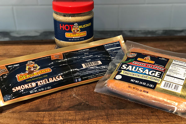Dearborn Sausage and Mustard on cutting board