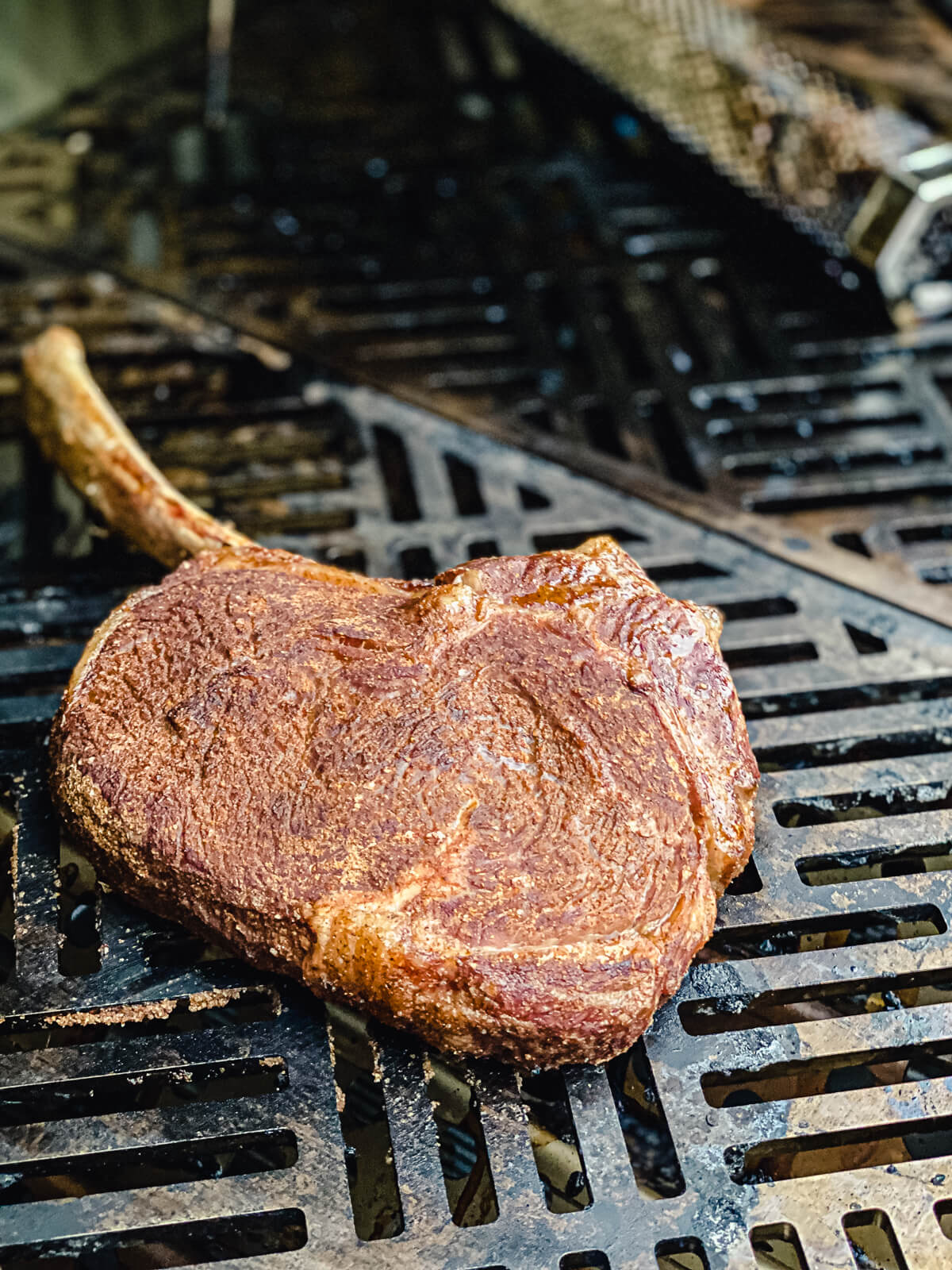 ribeye steak being roasted on a gas grill