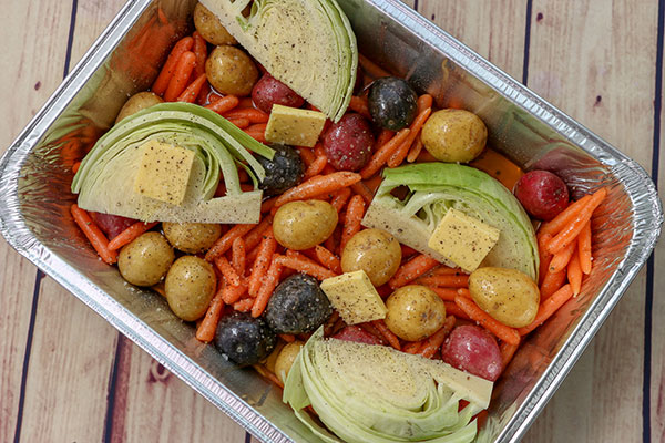 vegetable ingredients for Sous Vide Corned Beef with Beer Braised Cabbage