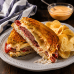 reuben sandwich cut in half on plate with chips