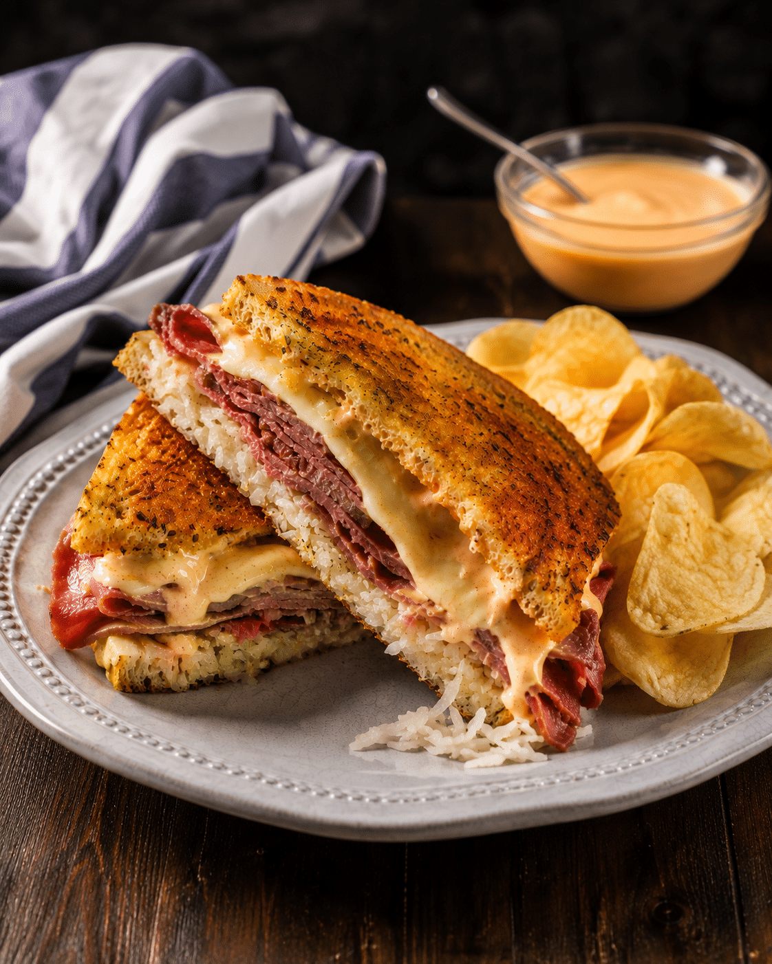 reuben sandwich cut in half on plate with chips