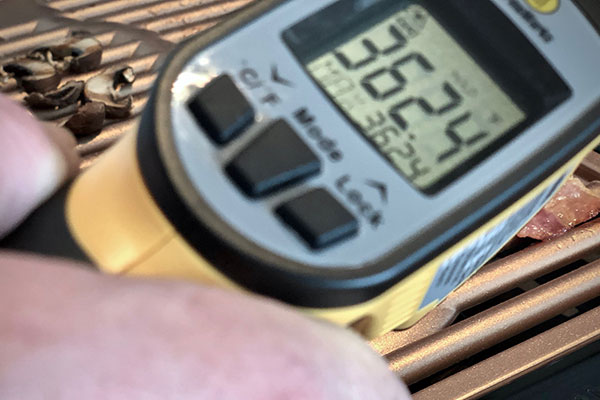 Checking grill temperature on the Gotham Electric Grill with infrared thermometer