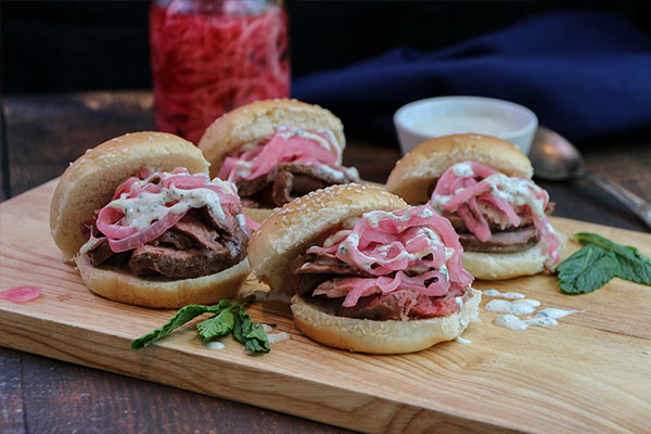 Leftover Lamb Recipe, lamb garnished with pickled red onions