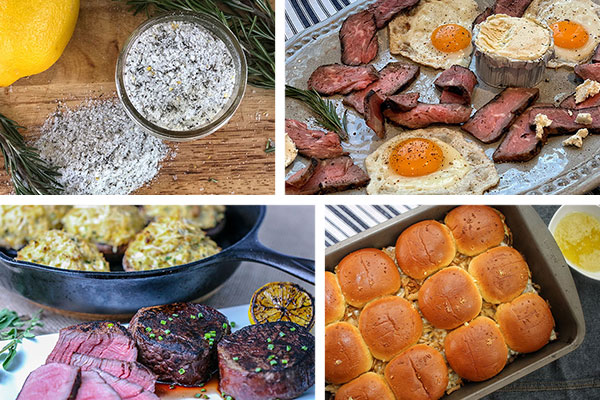 Ideas for Mother's Day - rosemary salt, eggs and steak with sage butter, sous vide filet mignon and Philly cheesesteak sliders