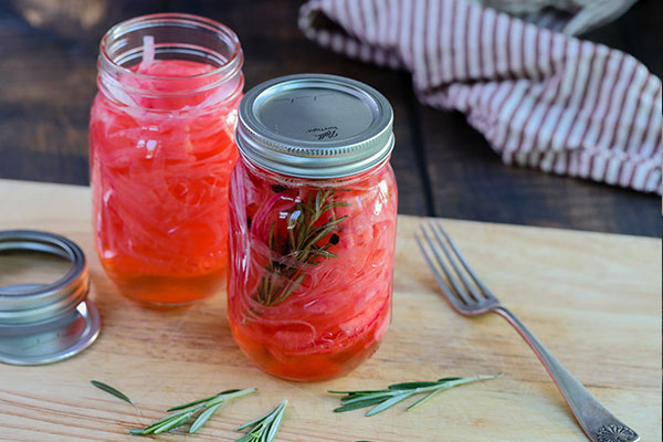 Pickled Red Onions, with and without rosemary, jarred