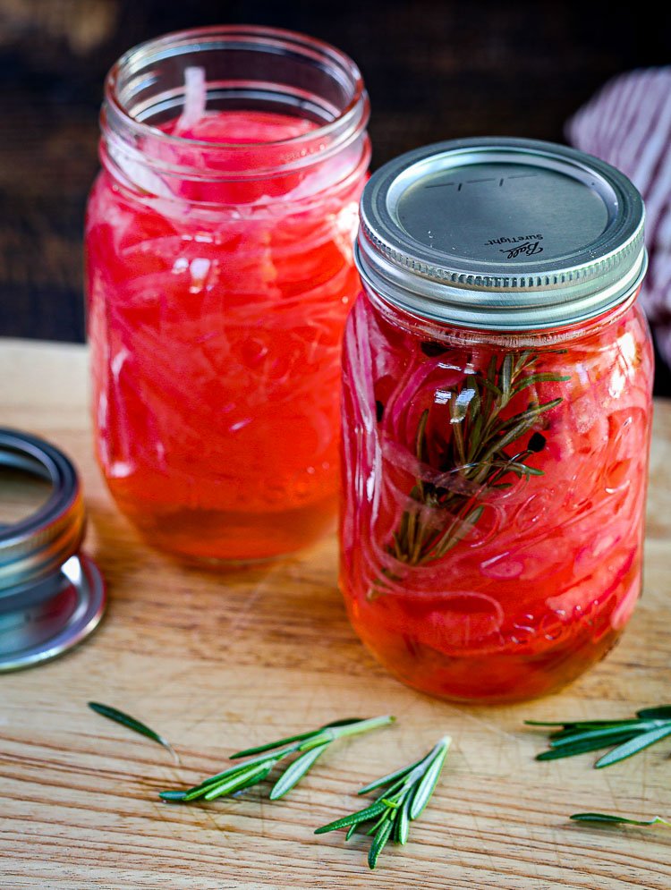 Pickled Red Onions, with and without rosemary, jarred
