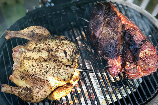 Meat cooking while being monitored by the MEATER Block Thermometer