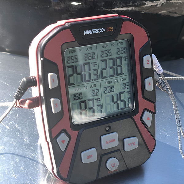 Maverick XR50 Remote BBQ & Smoker Thermometer monitoring temperatures on multiple areas of a cook