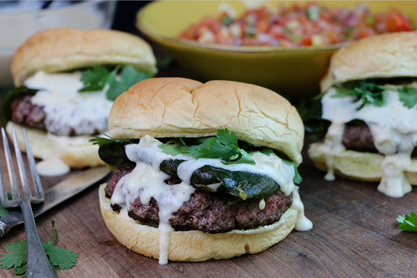 Poblano burgers with pico de gallo and queso fresco