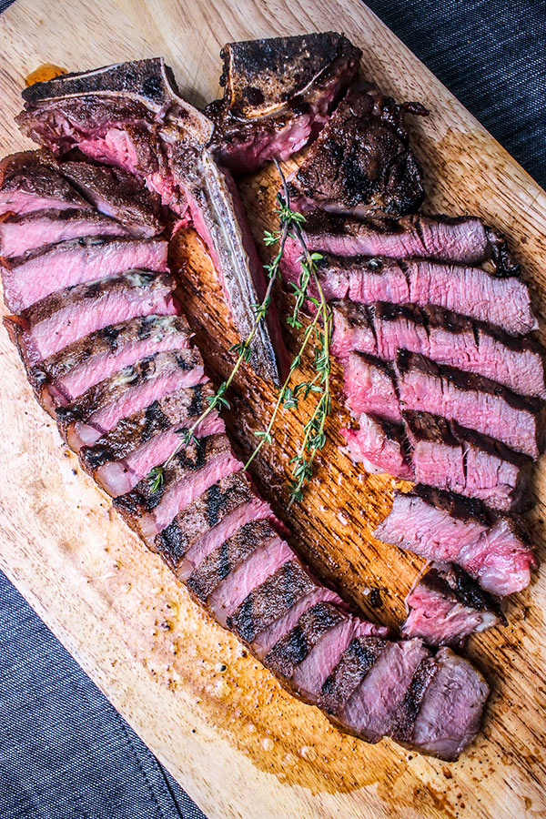 T-Bone steak sliced and ready for serving