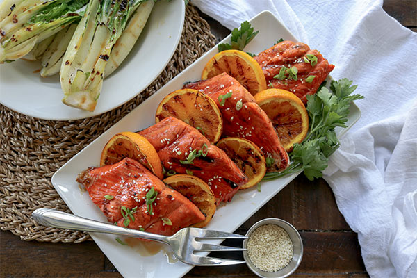 Sweet n Sour salmon ready to serve with spicy bok choy