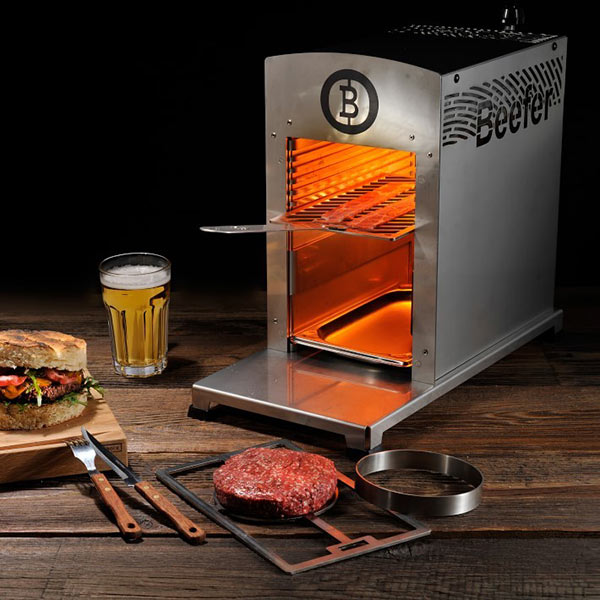 Beefer Infared Grill with beer and burger