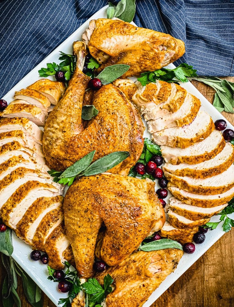 overhead shot of a grilled whole turkey