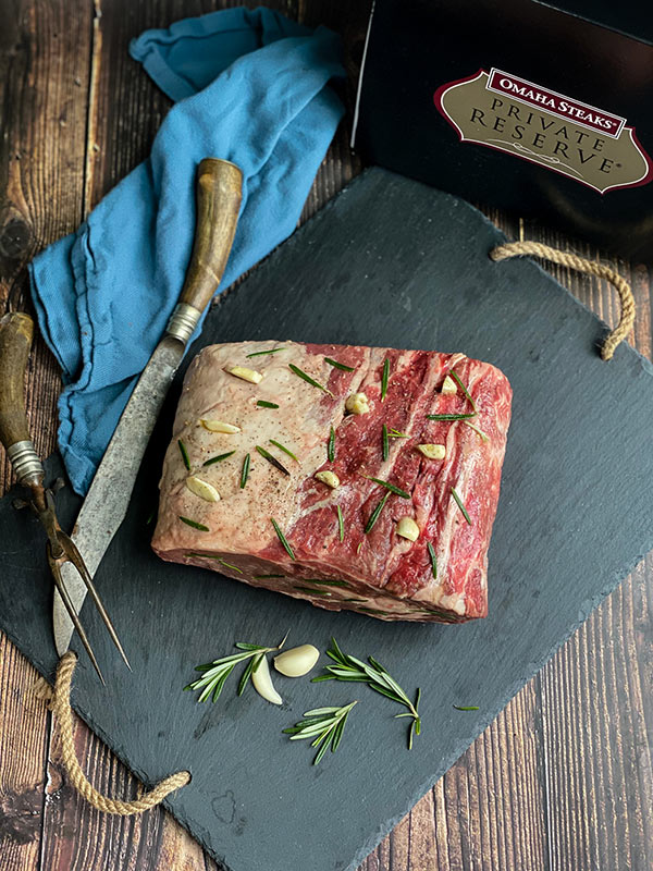 prime rib from Omaha Steaks seasoned with rosemary and garlic 