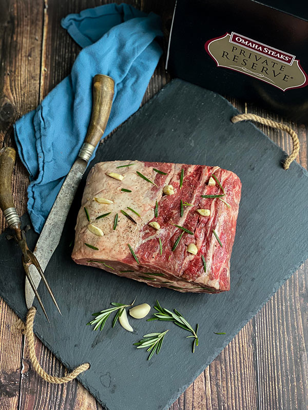 prime rib from Omaha Steaks seasoned with rosemary and garlic