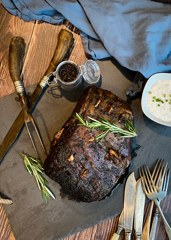 smoked and seared prime rib ready for slicing 