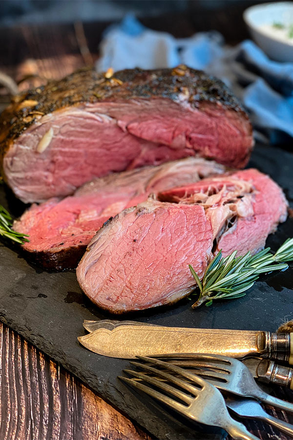 smoked and seared prime rib ready for a holiday feast