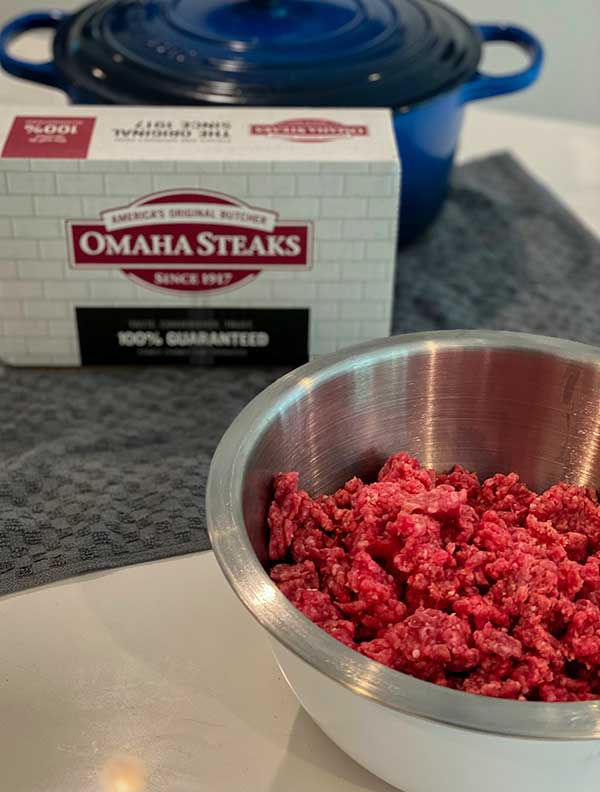 Raw ground beef from Omaha Steaks for Grilled Cheese Stuffed Salisbury Steak