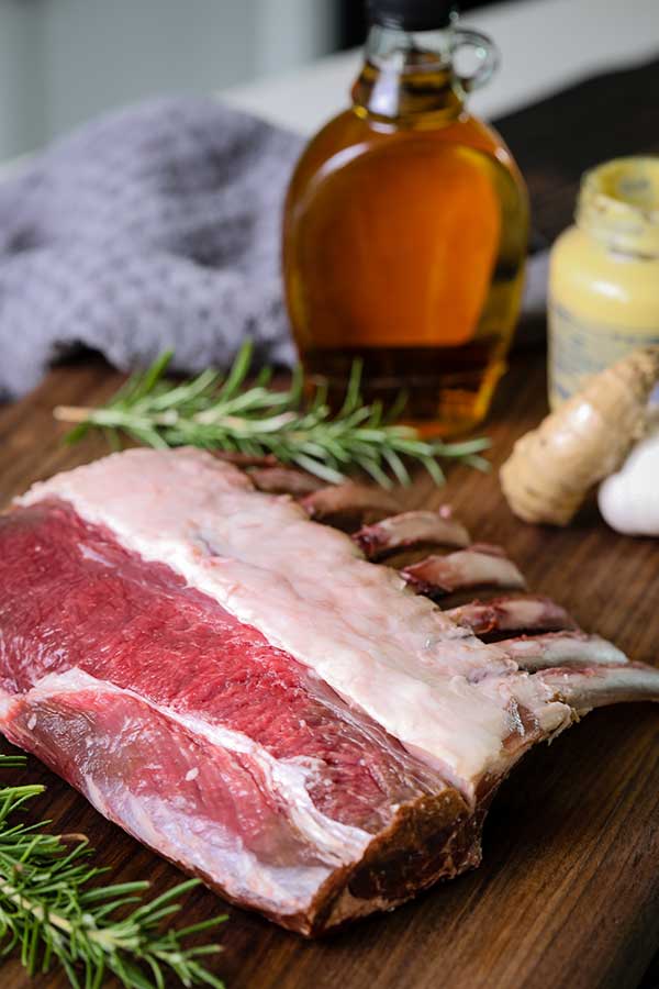 raw lamb and ingredients prepped for Maple Dijon Lamb recipe