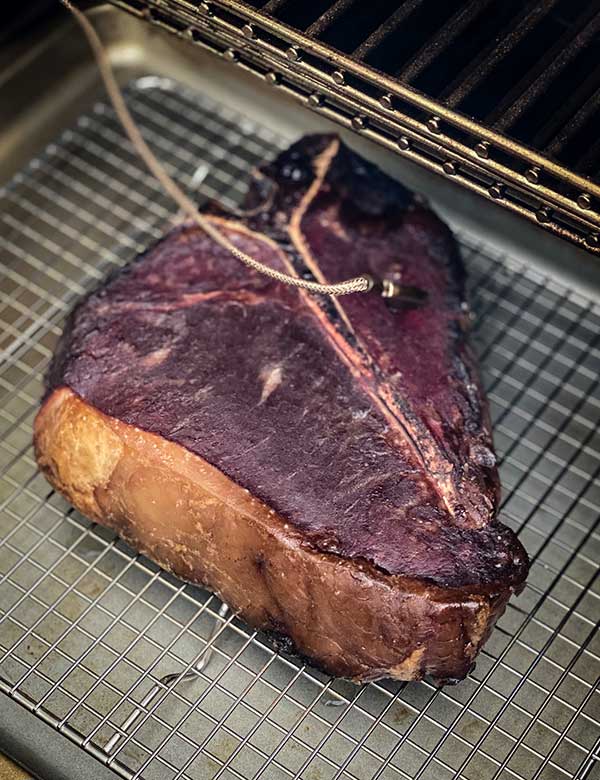 Dry brine steak smoked and ready for char