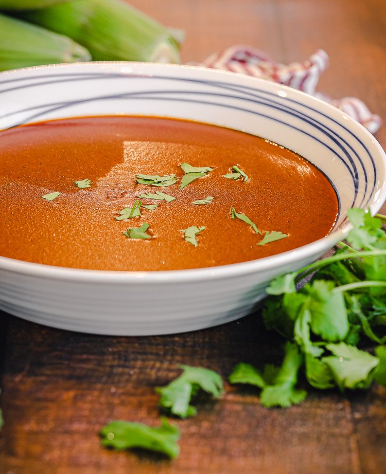 homemade enchilada sauce in a bowl with cilantro