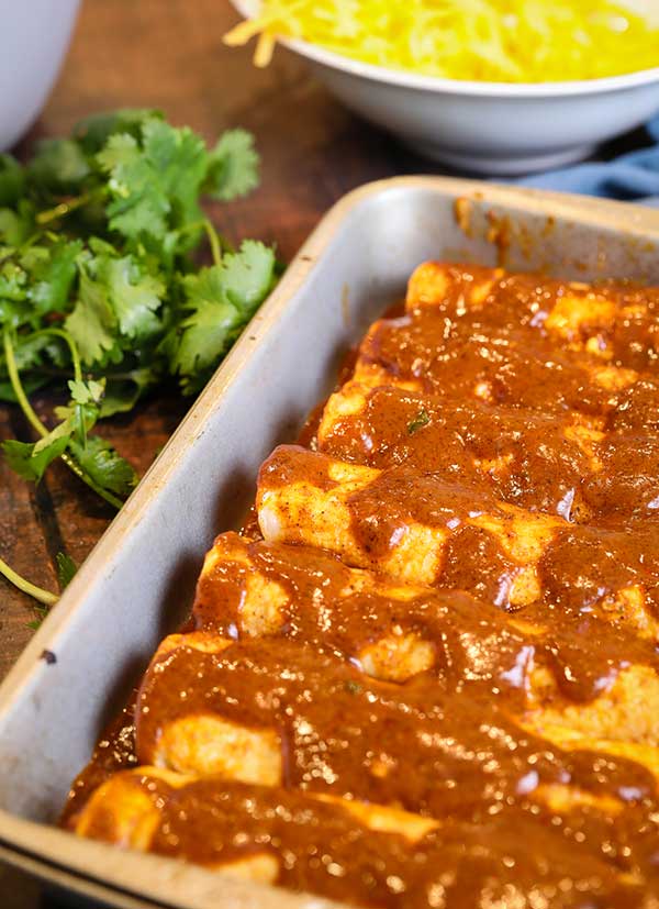 chicken enchiladas covered in homemade enchilada sauce