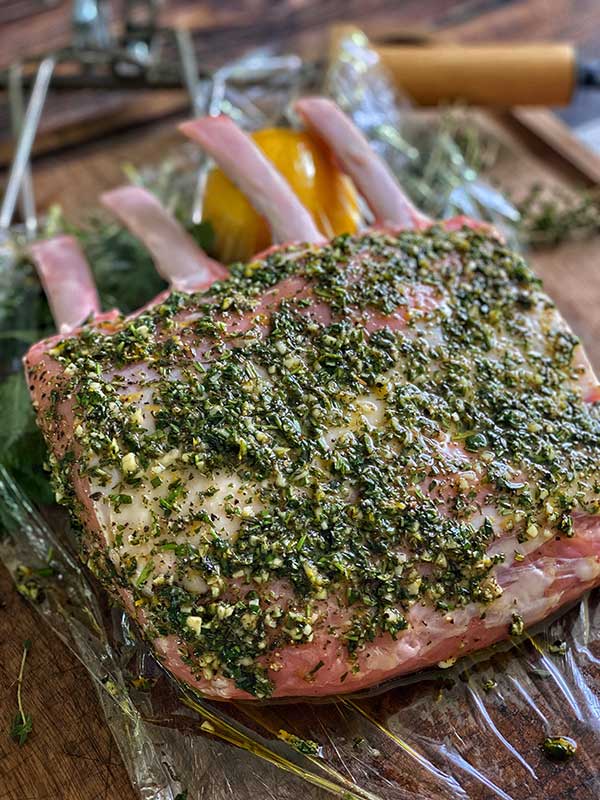 Herb mixture on veal for Grilled Herb Crusted Rack of Veal