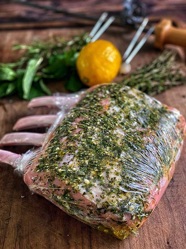 Grilled Herb Crusted Rack of Veal ready for grilling