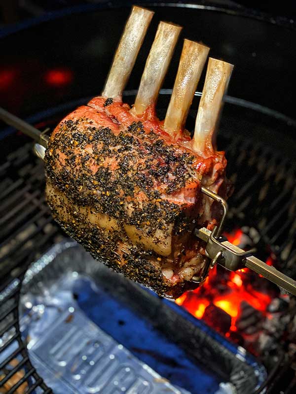Grilled Herb Crusted Rack of Veal on a rotisserie