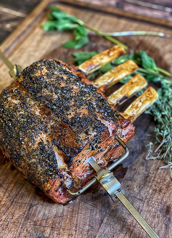 Grilled Herb Crusted Rack of Veal ready for slicing