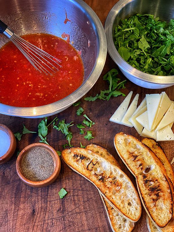 Grilled Ciabatta Bread with Tomato Dip and Manchego Cheese ready for assembly