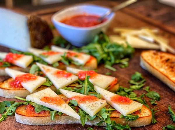 Grilled Ciabatta Bread with Tomato Dip and Manchego Cheese