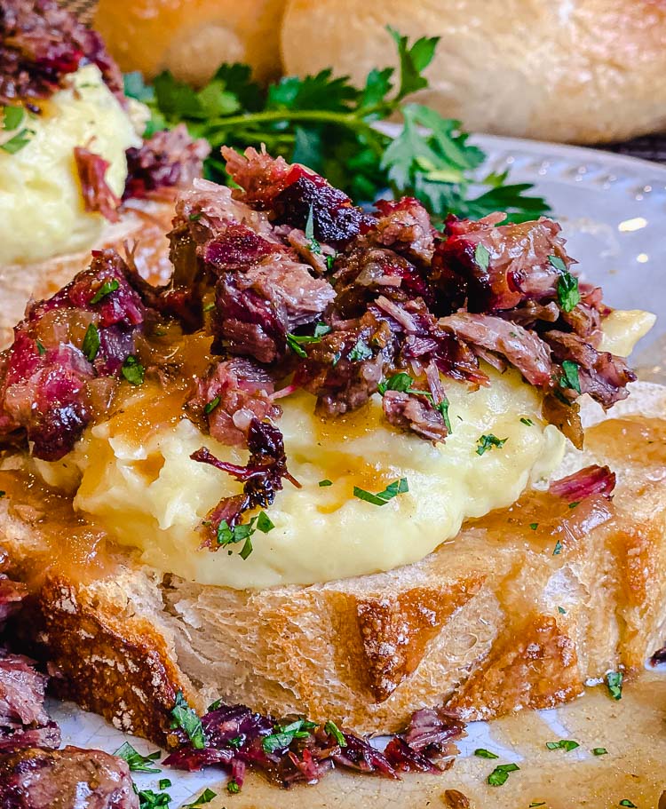 image of smoked chuck roast open faced beef sandwich