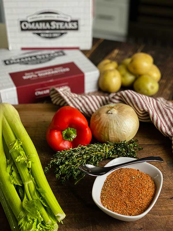 Vegetables and spices for spicy low country boil