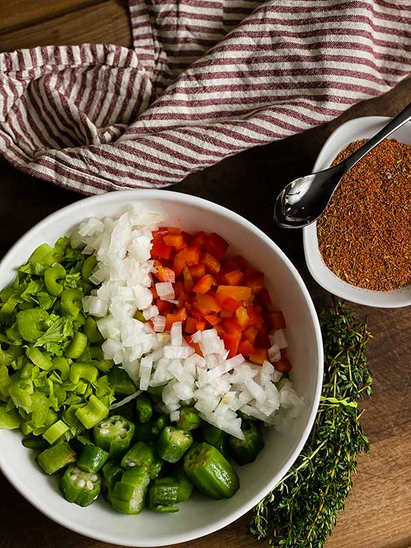 Vegetables chopped for spicy low country boil
