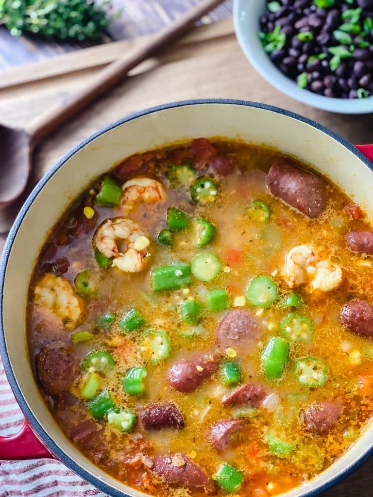 pot of low country bowl with shrimp