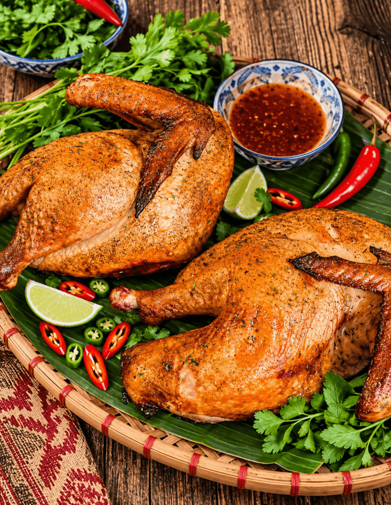 non-traditional turkey with Thai chili bbq glaze on a platter.