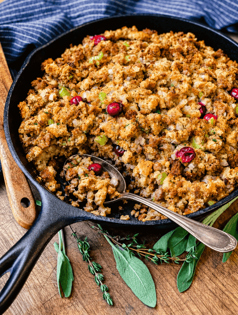 cranberry and sausage stuffing in a cast iron pan with a silver serving spoon